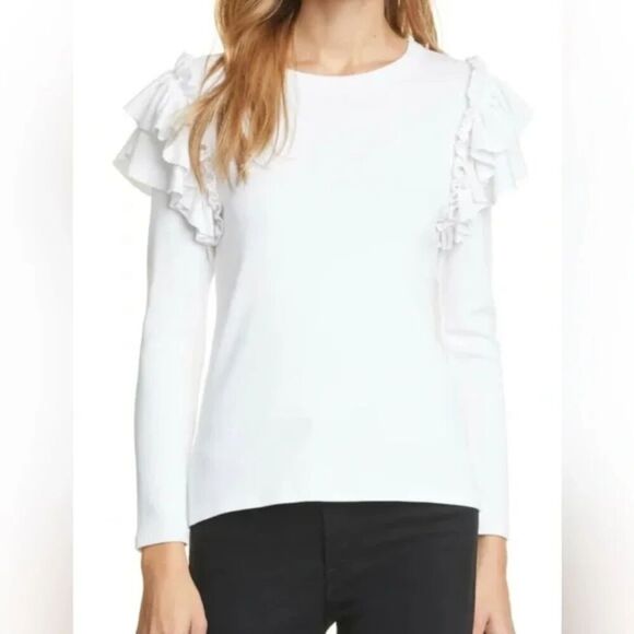 Veronica Beard Avedon Top White Ruffle Long Sleeve Ribbed top XS NWT 228 IRRG